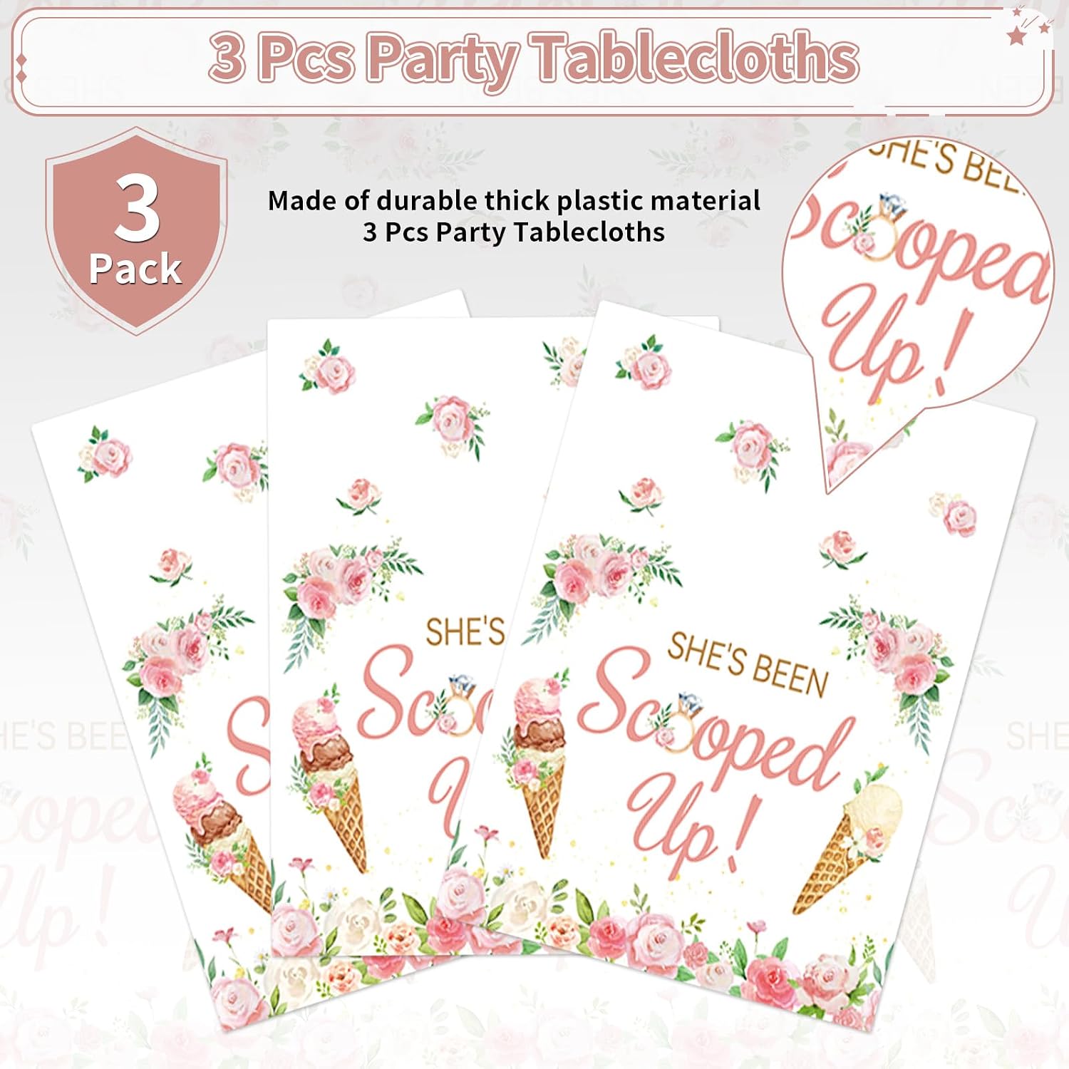 Bridal shower tablecloth draped on party table with ice cream themed decorations