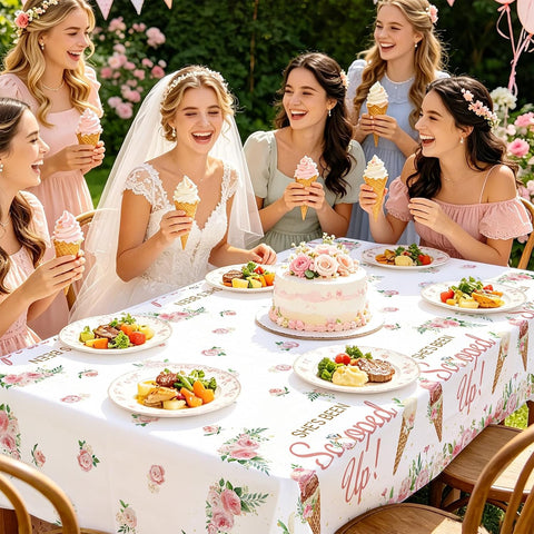 Package contents infographic showing 3 Grencian ice cream bridal tablecloths