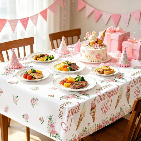 Bridal shower or engagement party scene with ice cream pink floral tablecloth