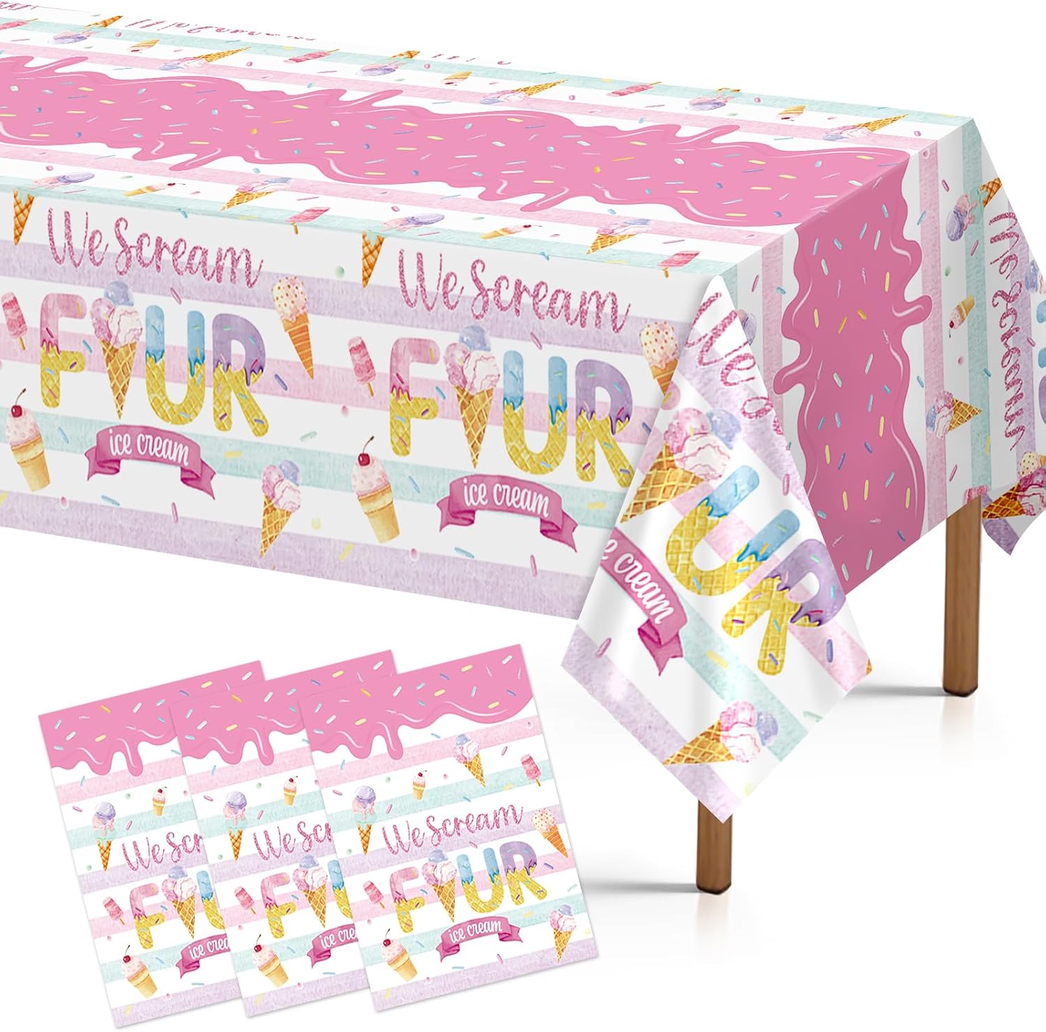 Grencian 3-piece ice cream 4th birthday tablecloth set with We Scream for Four design