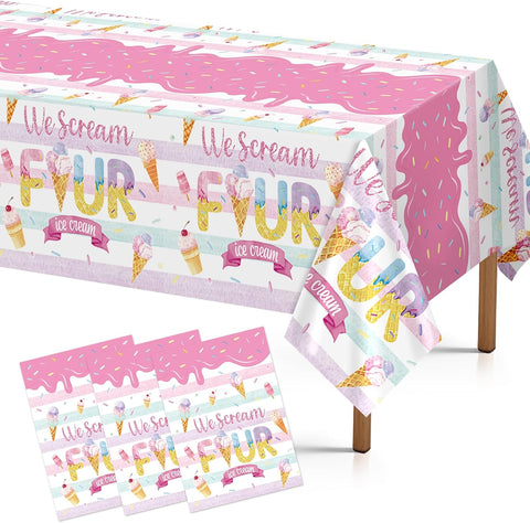 Grencian 3-piece ice cream 4th birthday tablecloth set with We Scream for Four design