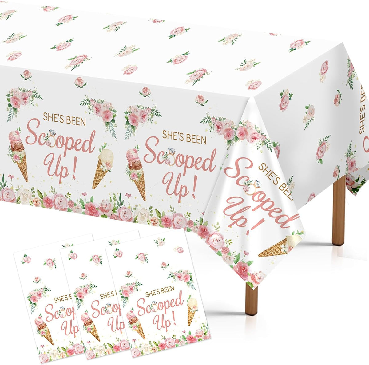 Grencian 3-piece ice cream bridal shower tablecloth set with pink floral design