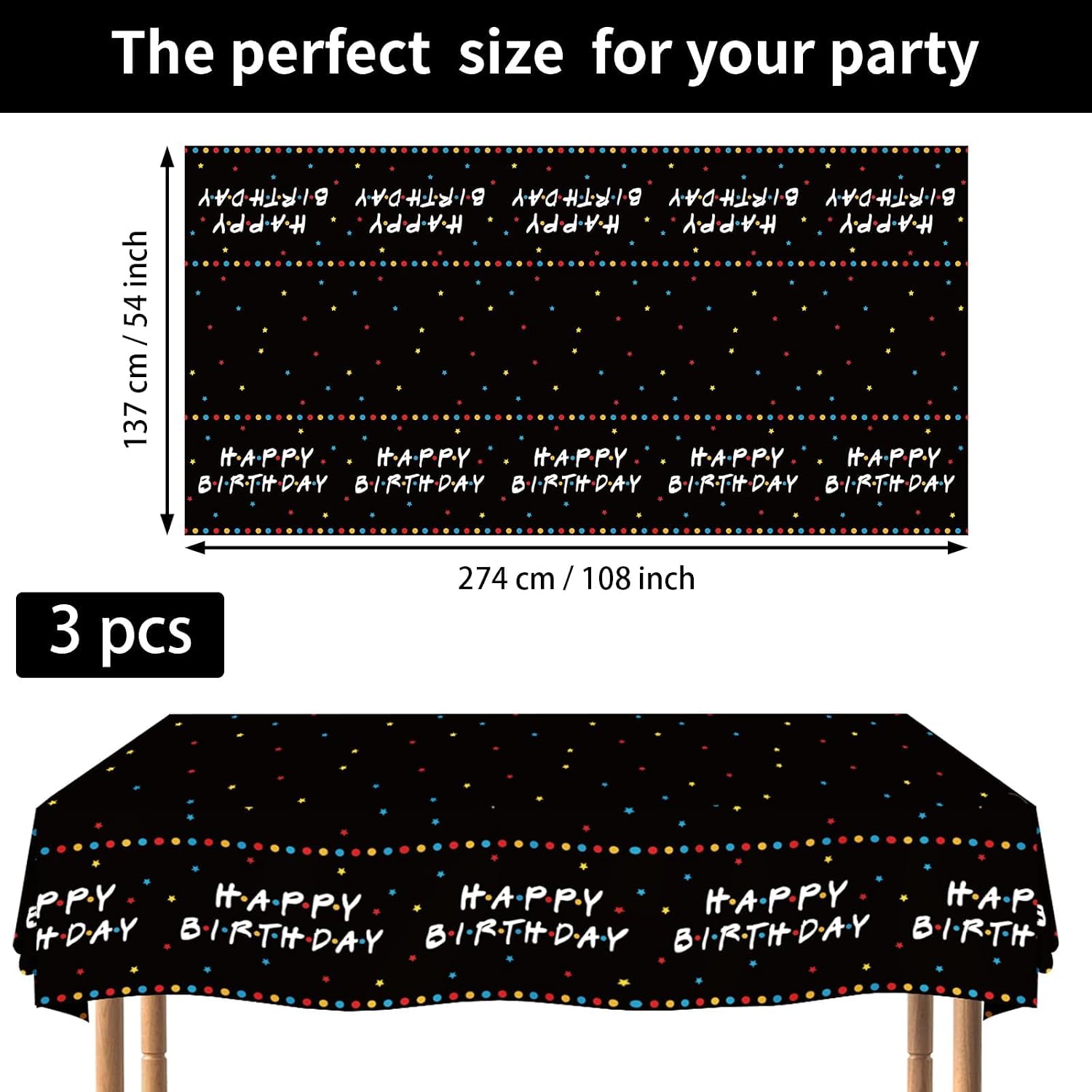 Flat lay of three iFriends birthday tablecloths with TV series themed artwork