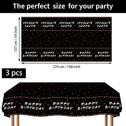Flat lay of three iFriends birthday tablecloths with TV series themed artwork