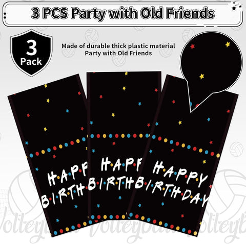 iFriends TV series tablecloth draped on party table with friend themed decorations