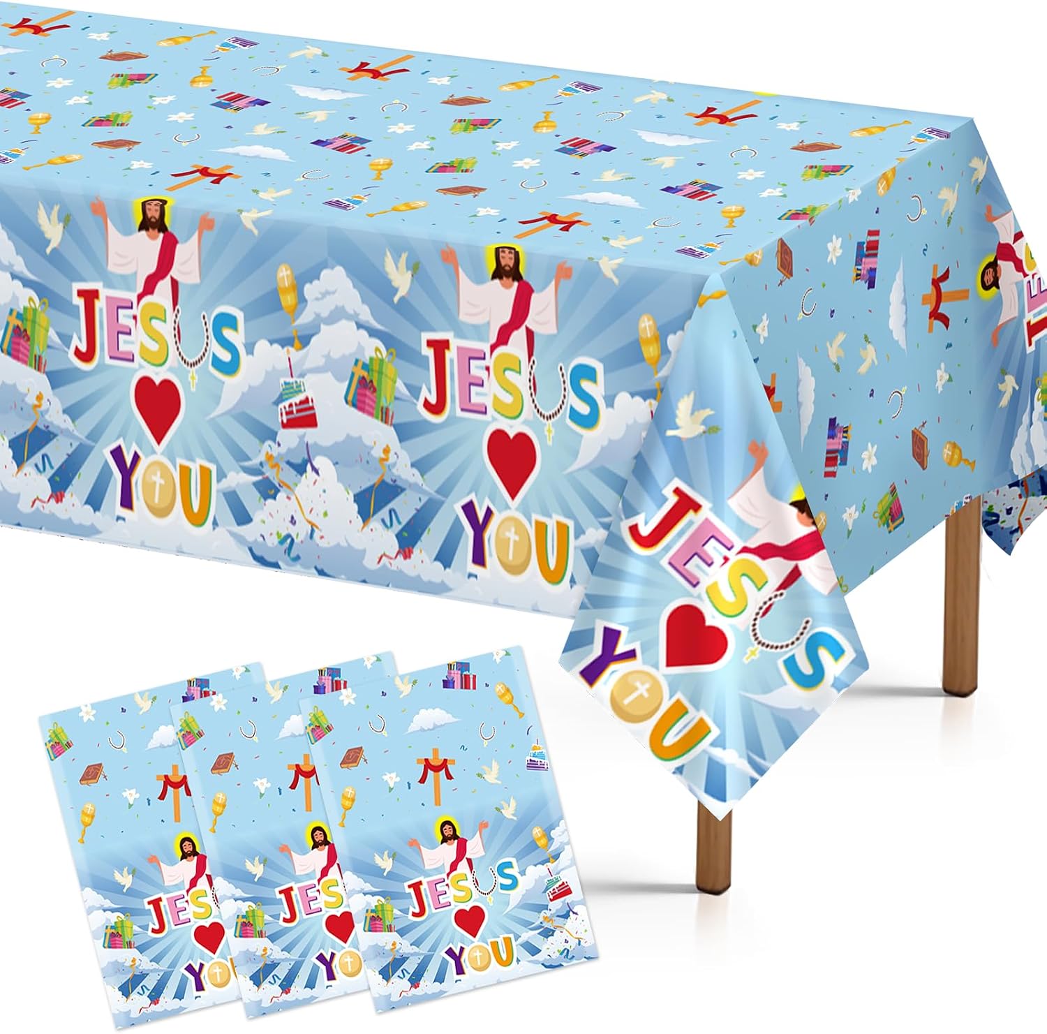 Grencian 3-piece Jesus Loves You Christian party tablecloth set with cross design