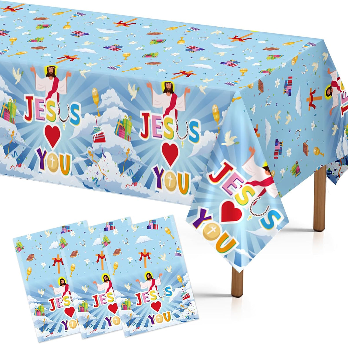 Grencian 3-piece Jesus Loves You Christian party tablecloth set with cross design