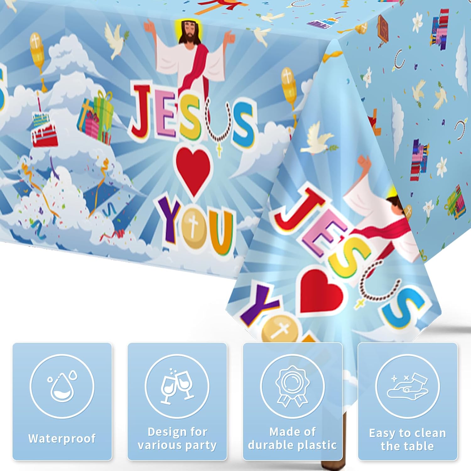 Close-up of Christian cross plastic tablecloth with faith themed design