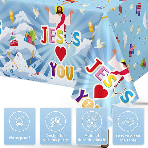 Close-up of Christian cross plastic tablecloth with faith themed design