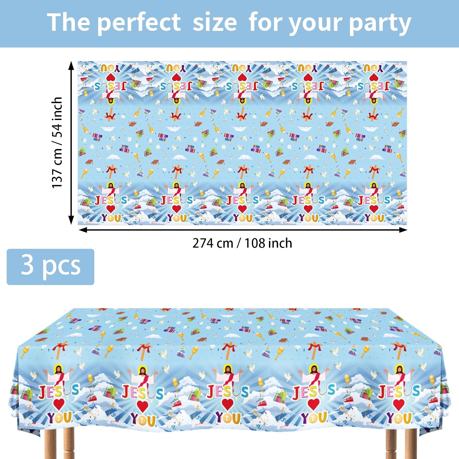 Flat lay of three Christian party tablecloths with Jesus Loves You lettering