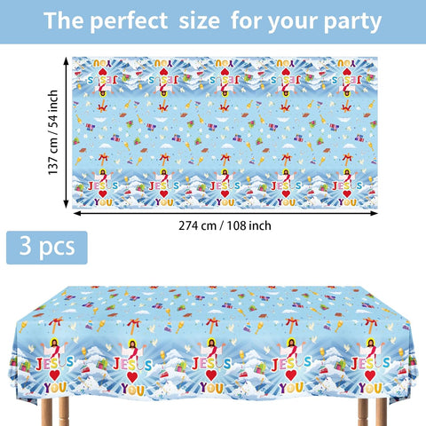Flat lay of three Christian party tablecloths with Jesus Loves You lettering