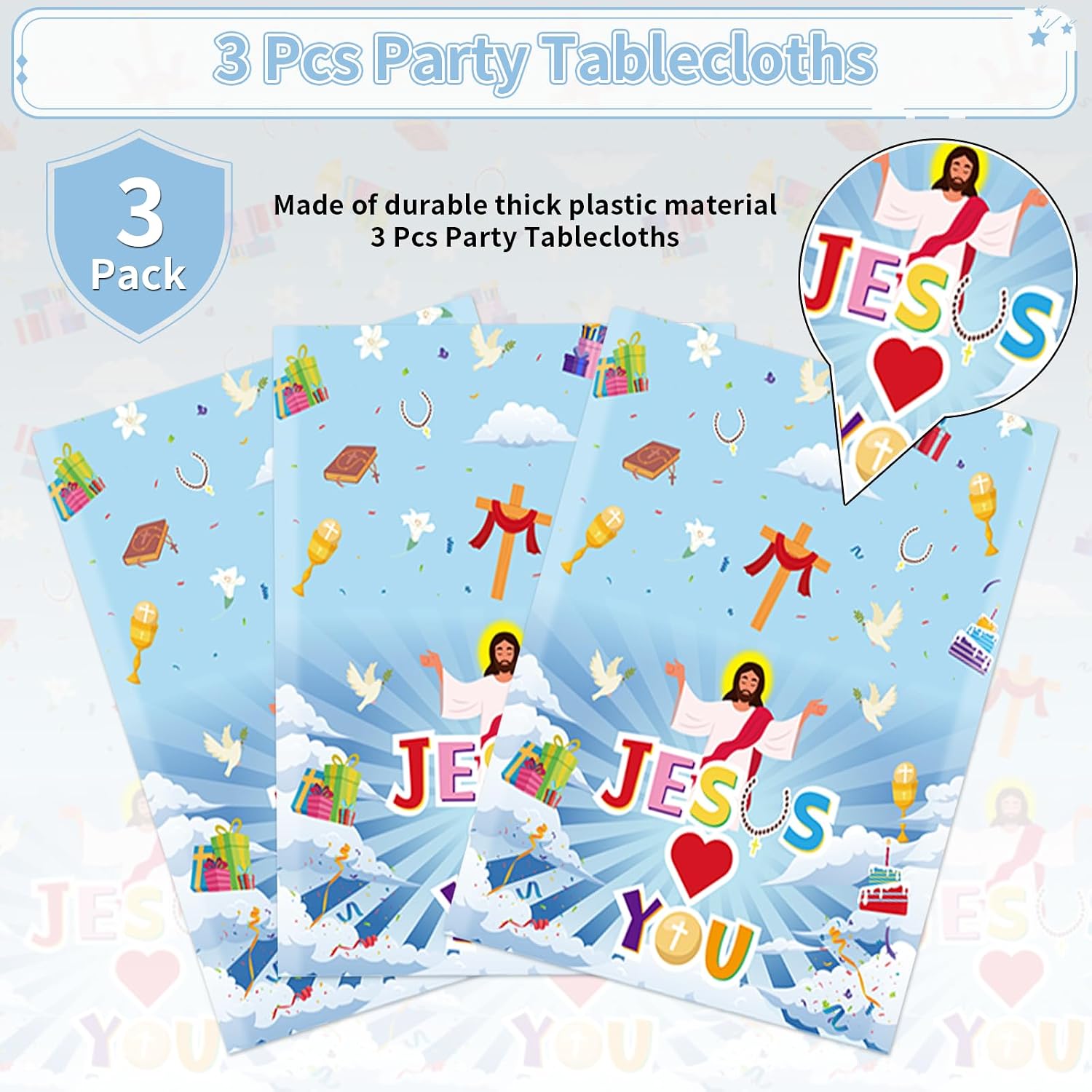 Christian party tablecloth draped on party table with faith themed decorations