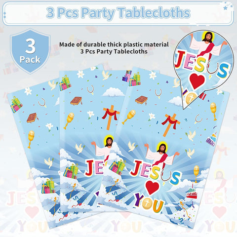 Christian party tablecloth draped on party table with faith themed decorations