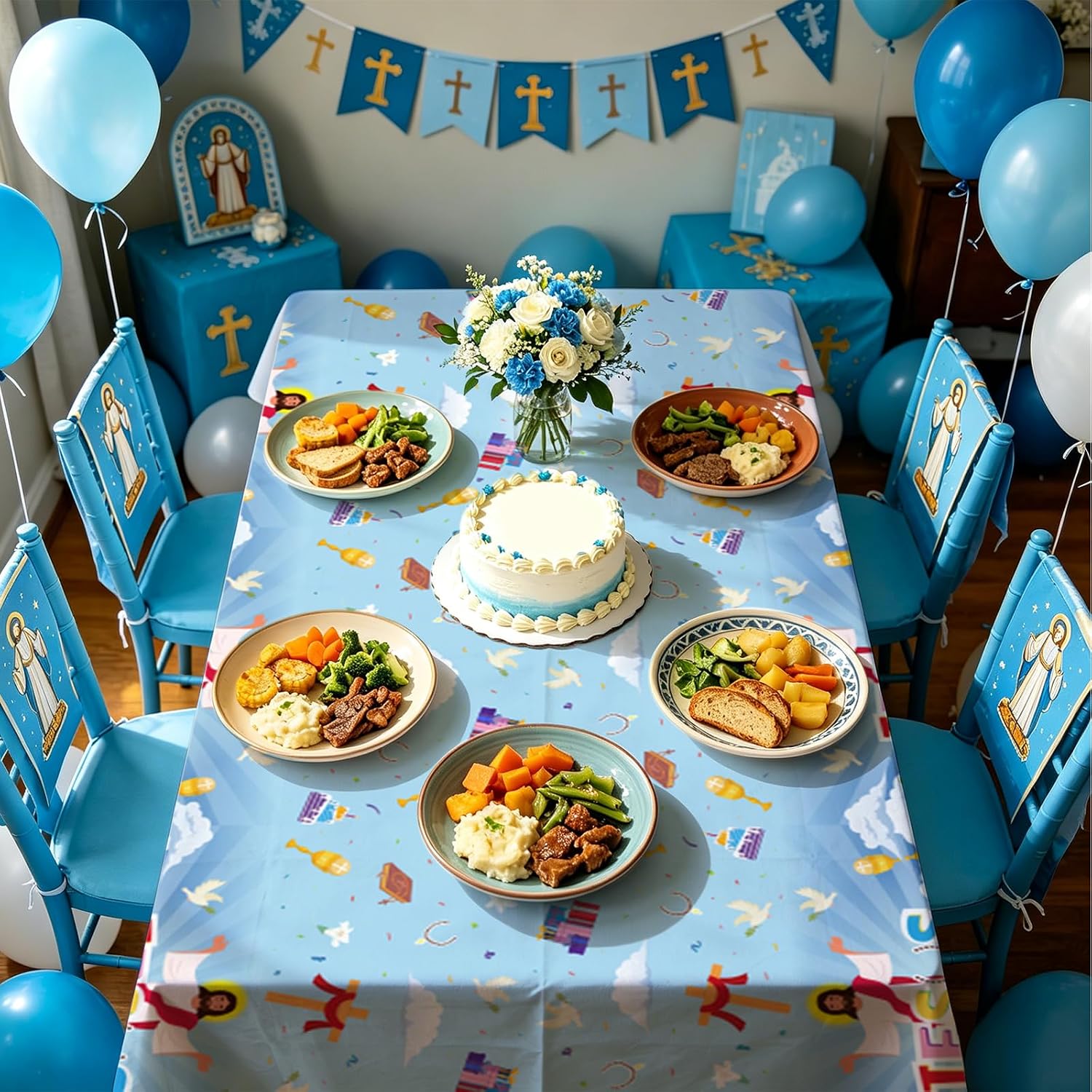 Communion or Easter party scene with Jesus themed tablecloth