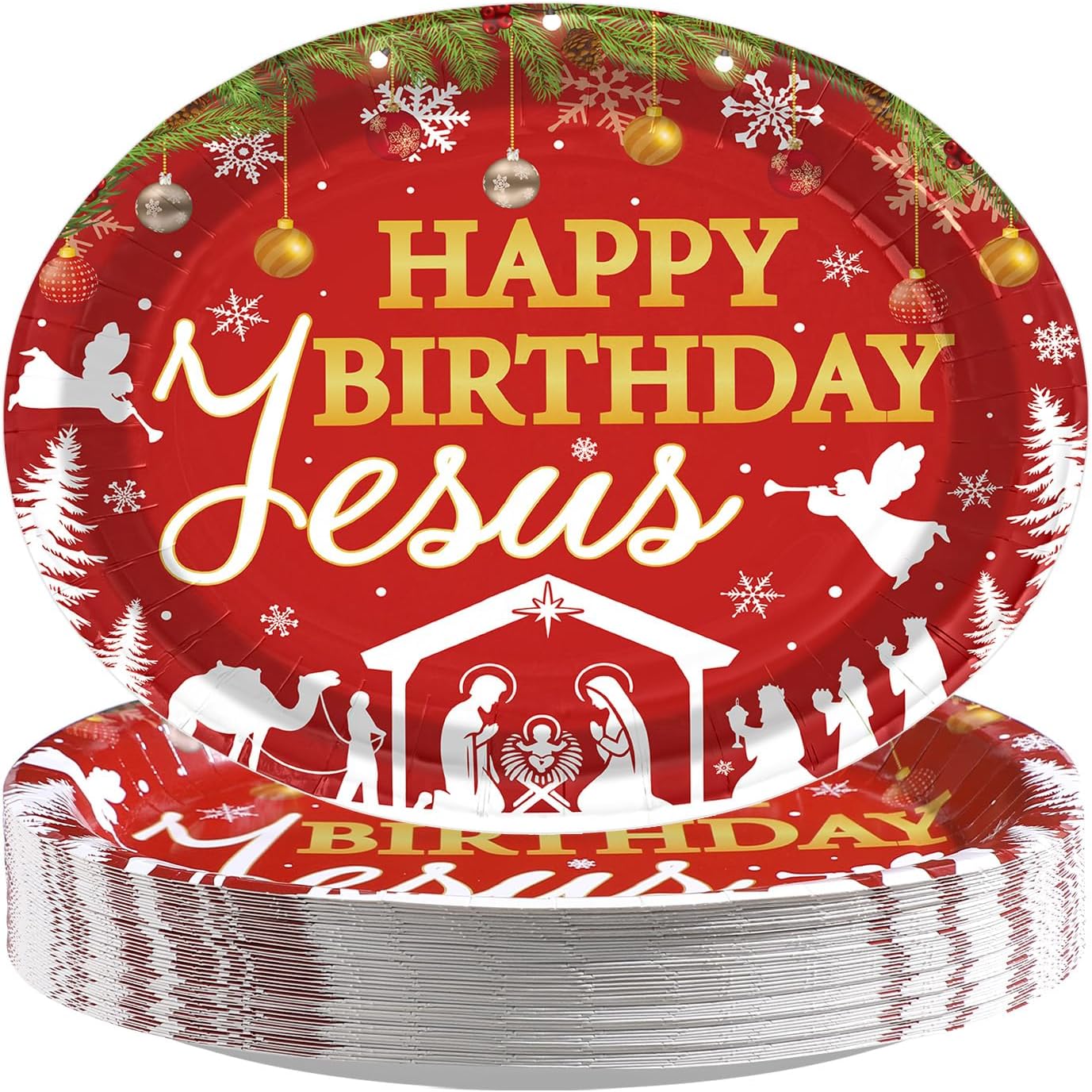 Grencian 50Pcs Happy Birthday Jesus Oval Paper Plates 12x10 - Grencian