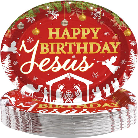 Grencian 50Pcs Happy Birthday Jesus Oval Paper Plates 12x10 - Grencian
