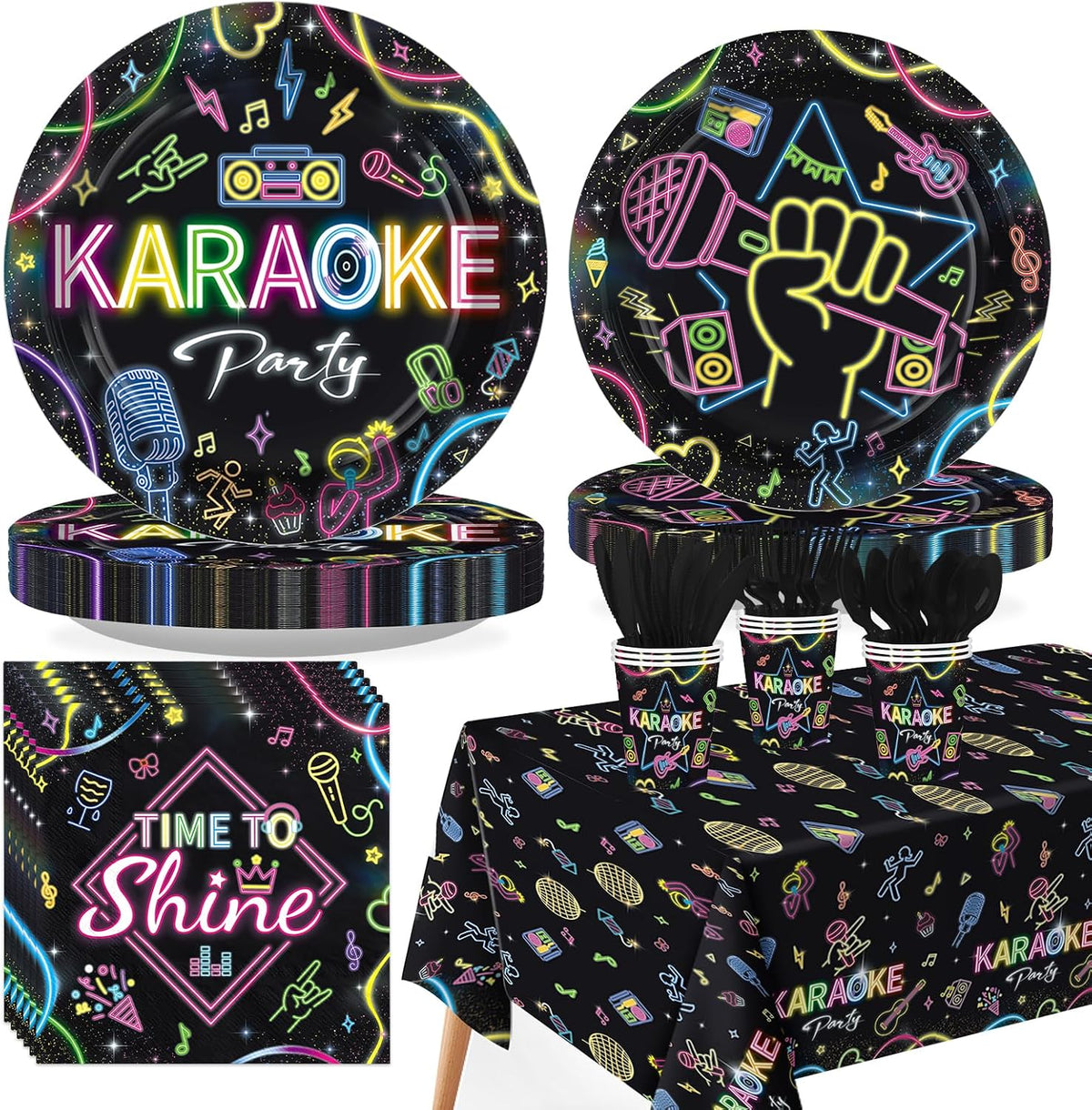 Grencian 170-piece karaoke neon music party tableware set with retro 80s plates, napkins, cutlery and matching tablecloth