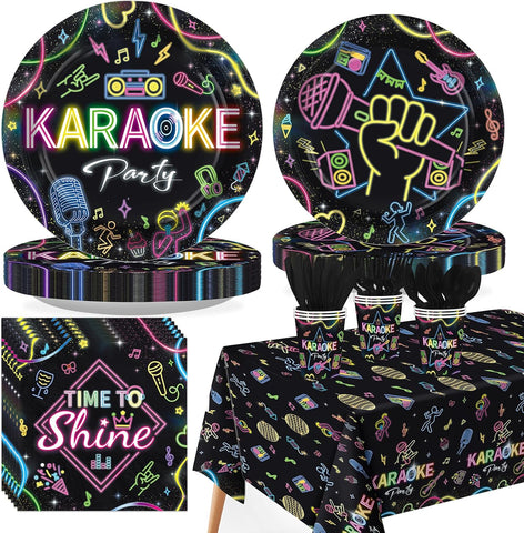 Grencian 170-piece karaoke neon music party tableware set with retro 80s plates, napkins, cutlery and matching tablecloth