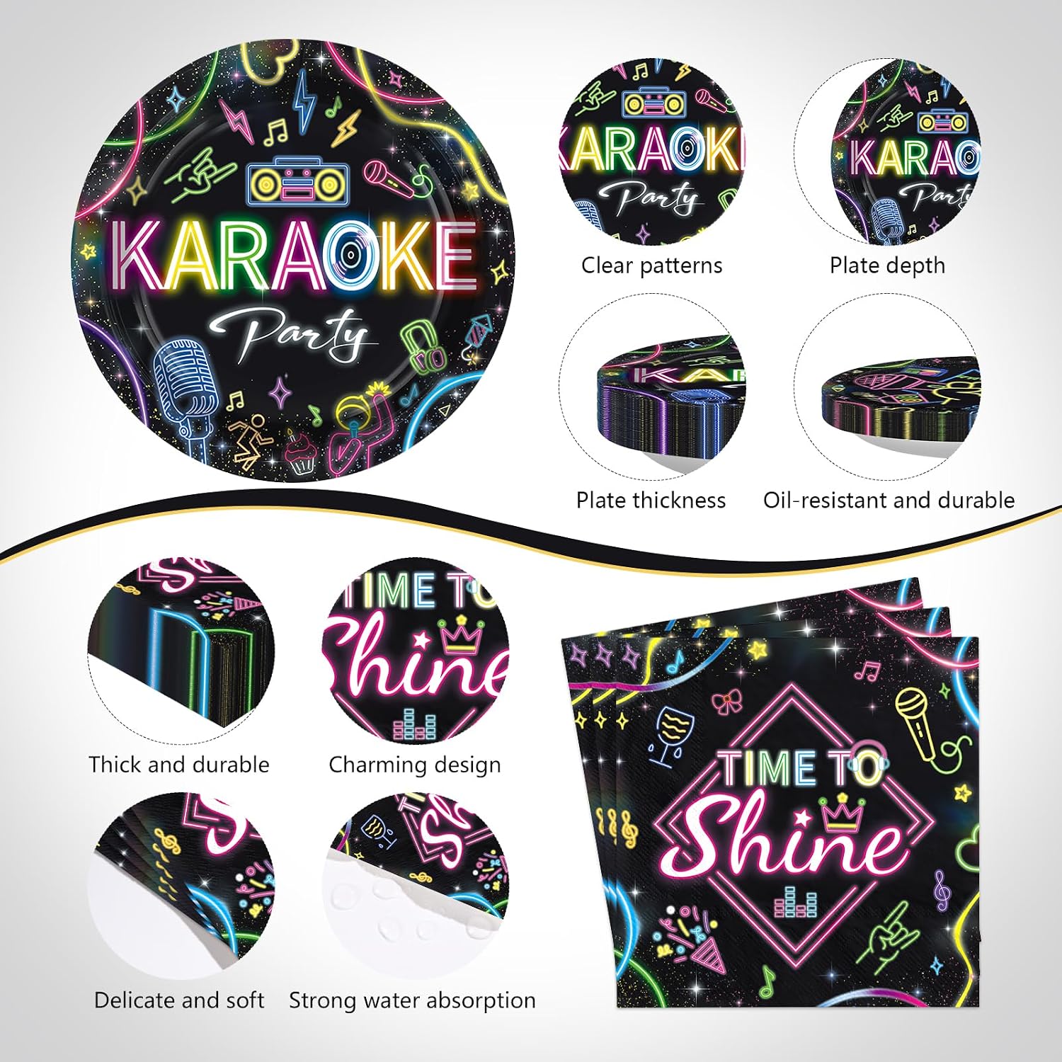 Karaoke neon party plates and napkins close-up showing clear patterns, plate depth, oil-resistant finish and water absorption