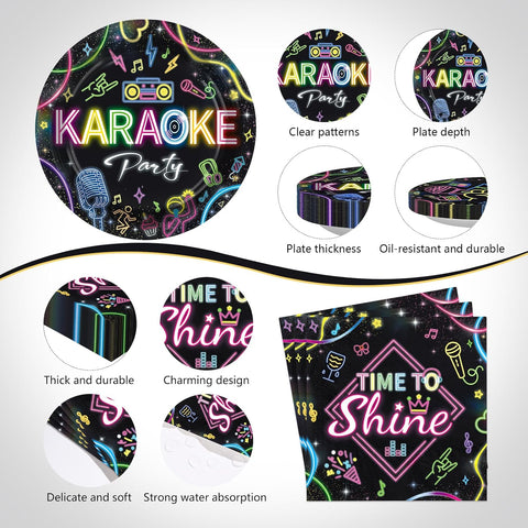 Karaoke neon party plates and napkins close-up showing clear patterns, plate depth, oil-resistant finish and water absorption