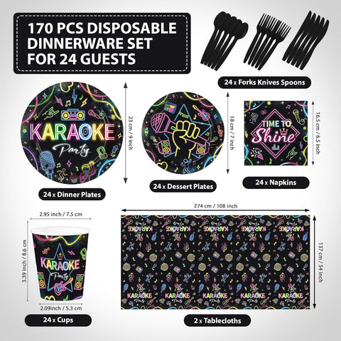 Karaoke neon party set includes 24 dinner plates, 24 dessert plates, 24 napkins, 24 cups, 24 forks knives spoons and 2 tablecloths for 24 guests
