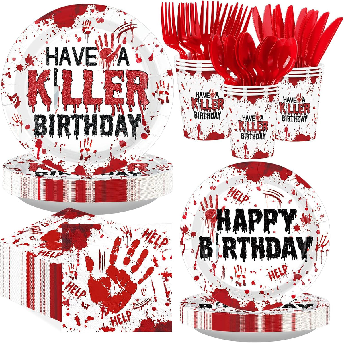 168 piece Have a Killer Birthday tableware set with blood splatter design