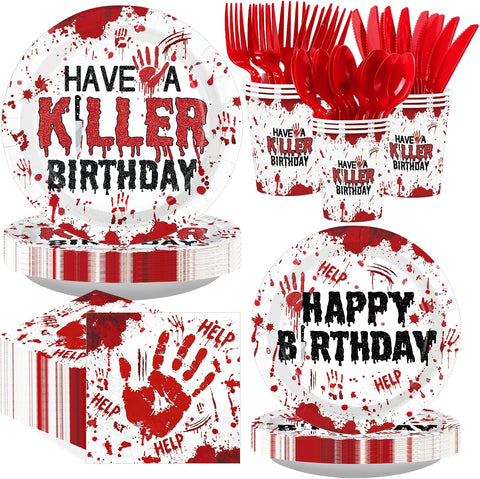 168 piece Have a Killer Birthday tableware set with blood splatter design