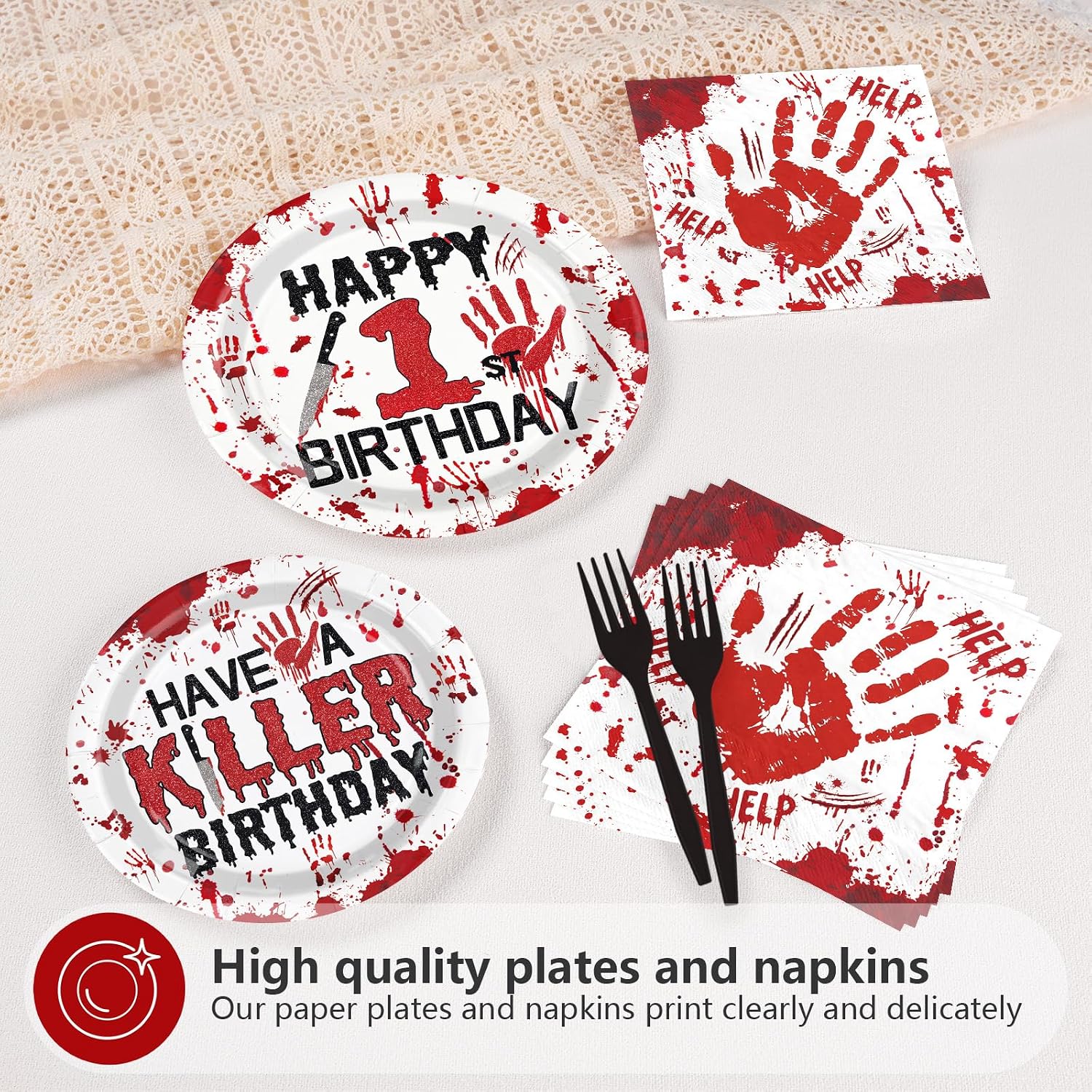 96Pcs Halloween Killer 1st Birthday Plates and Napkins - Grencian