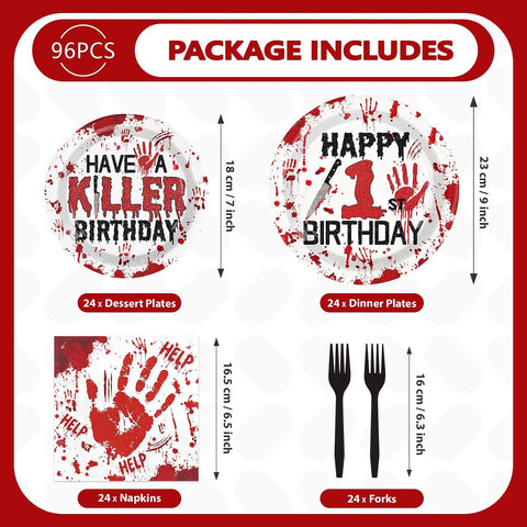 96Pcs Halloween Killer 1st Birthday Plates and Napkins - Grencian