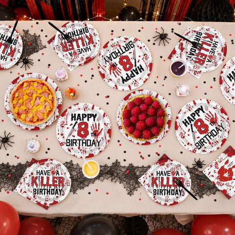 96Pcs Halloween Killer 8th Birthday Plates and Napkins - Grencian