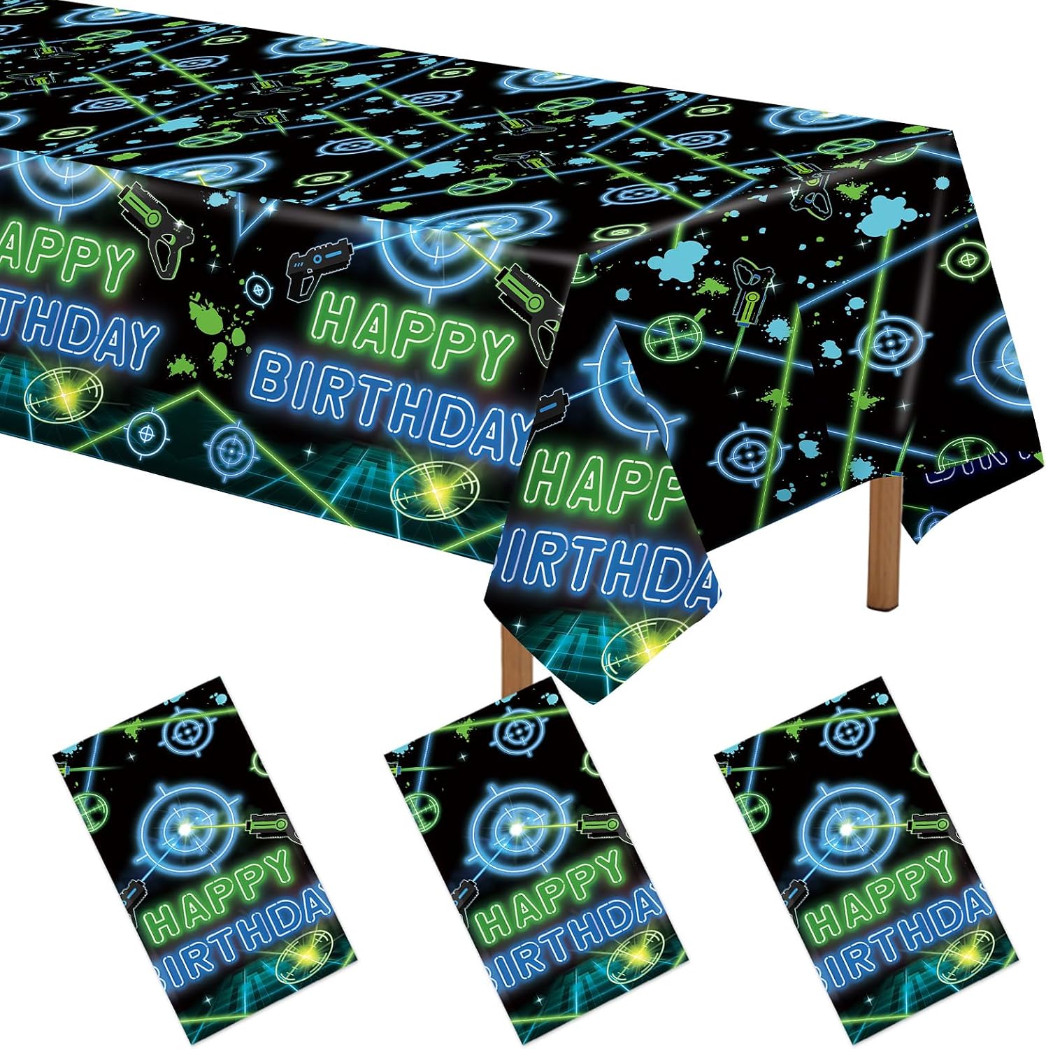 Grencian 3-piece laser tag birthday tablecloth set with neon gaming gun theme