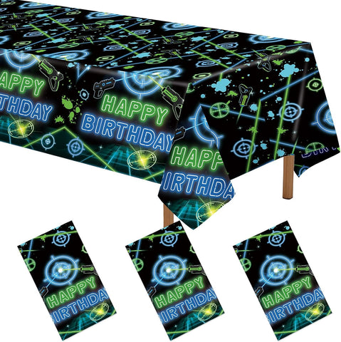 Grencian 3-piece laser tag birthday tablecloth set with neon gaming gun theme
