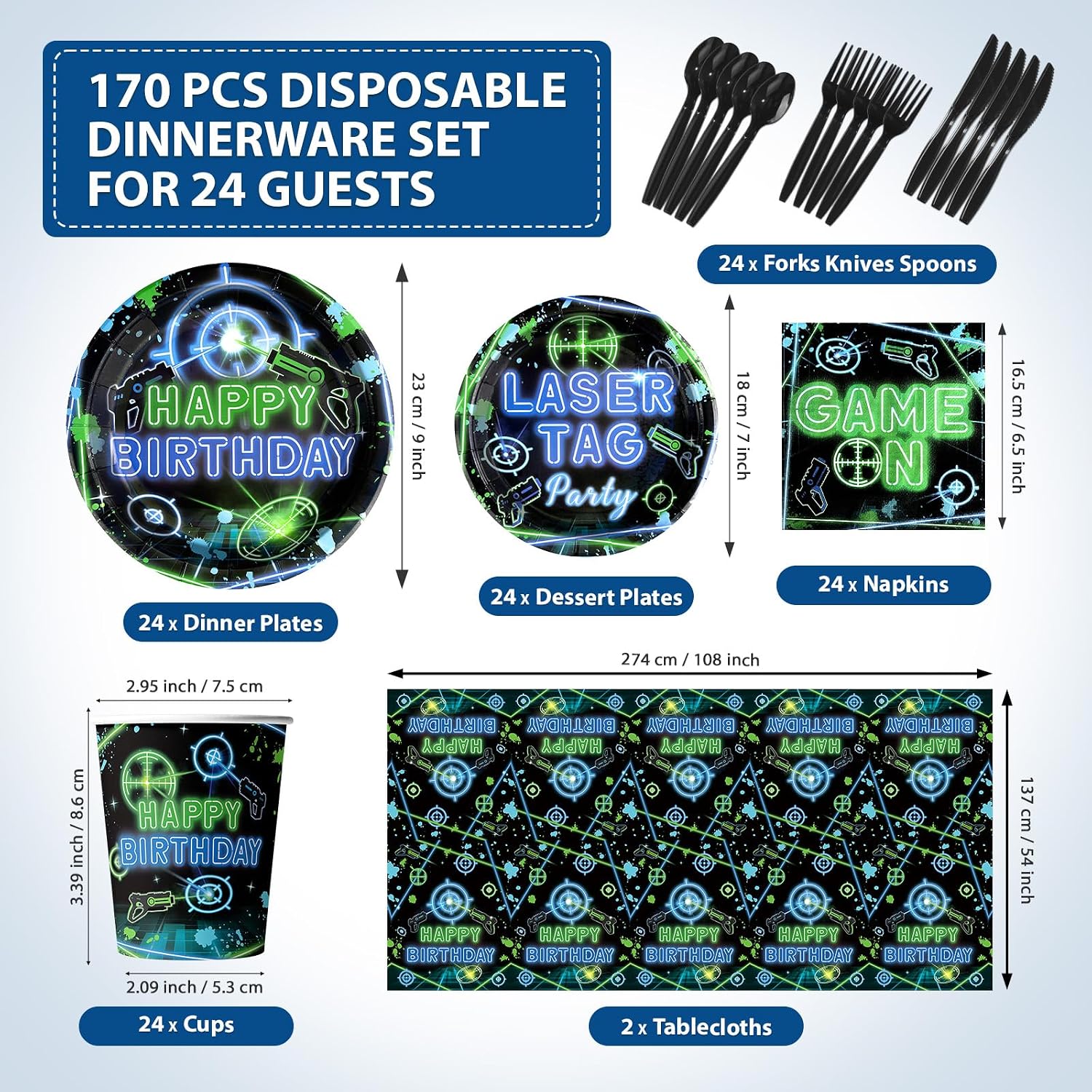 Full 170 piece green blue laser tag tableware set