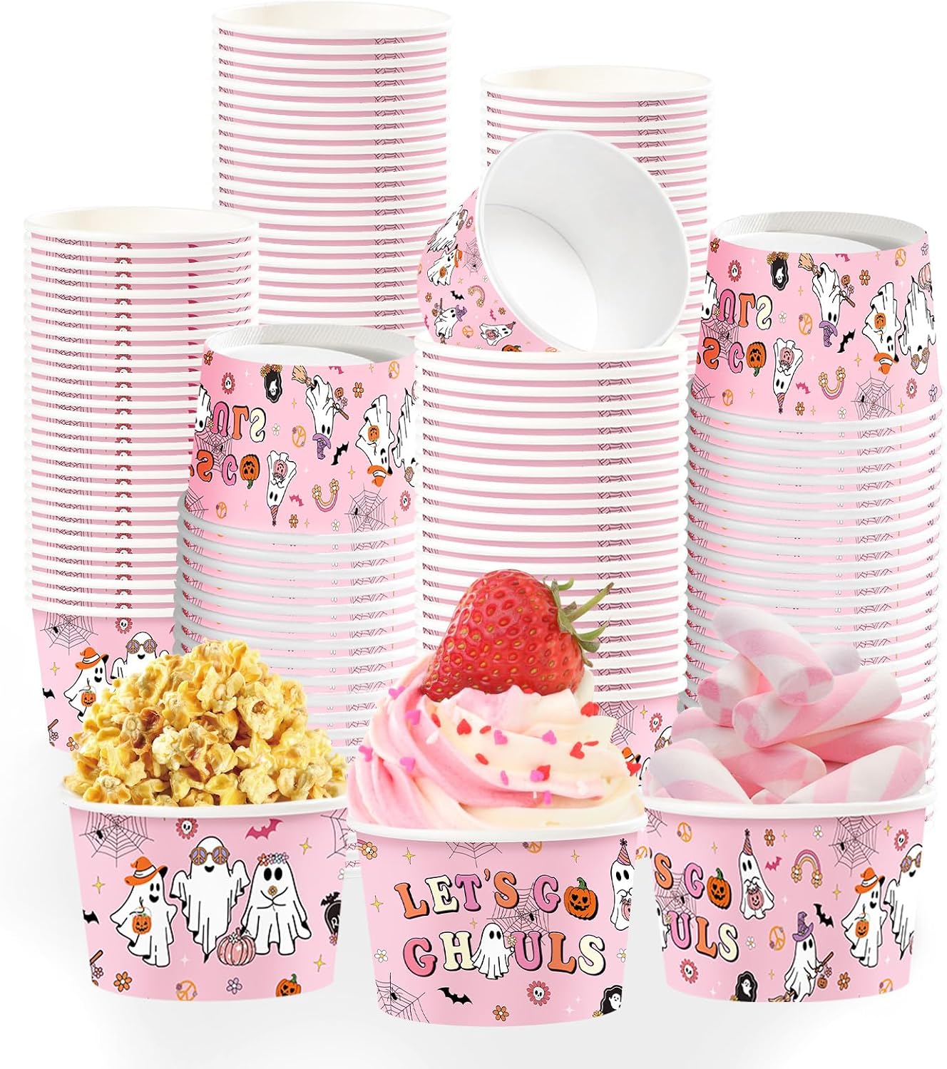 60Pcs 9oz Pink Ghost Let's Go Ghouls Snack Cups - Grencian