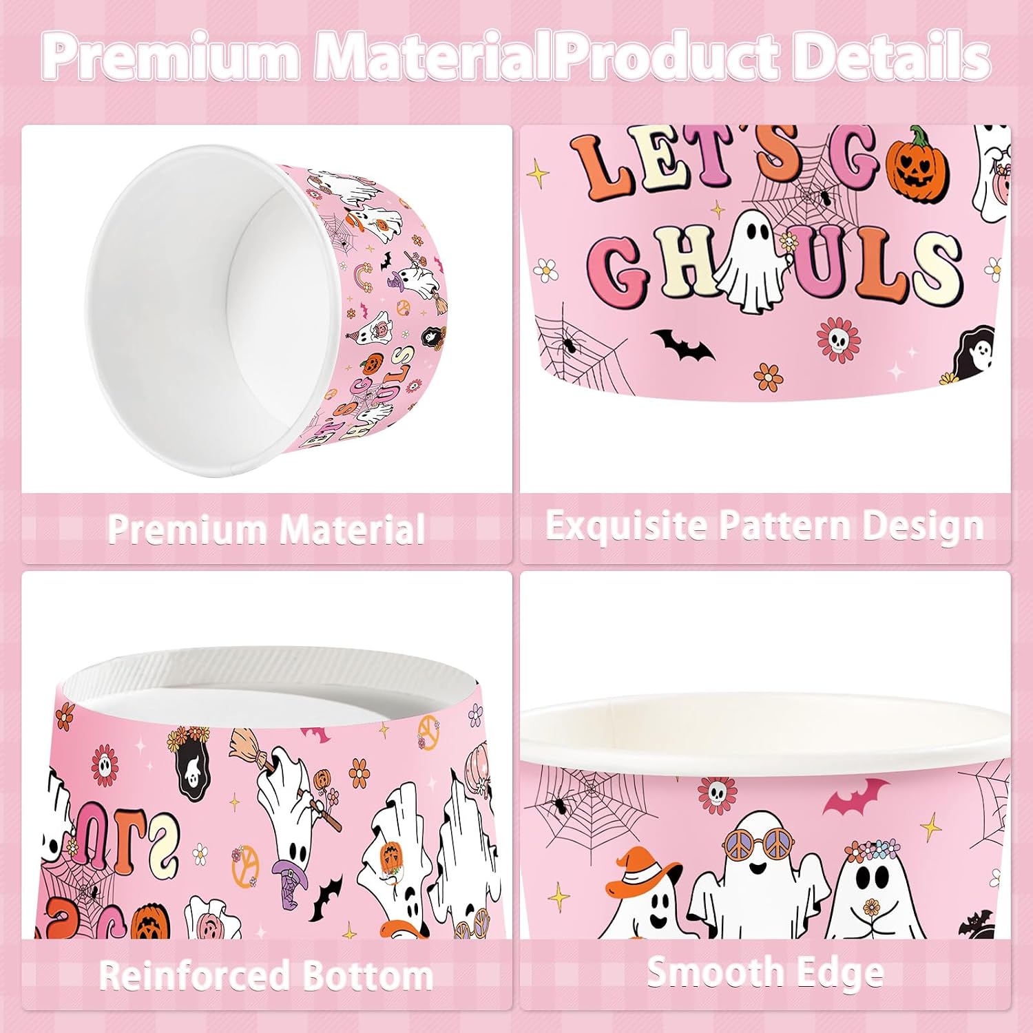 60Pcs 9oz Pink Ghost Let's Go Ghouls Snack Cups - Grencian