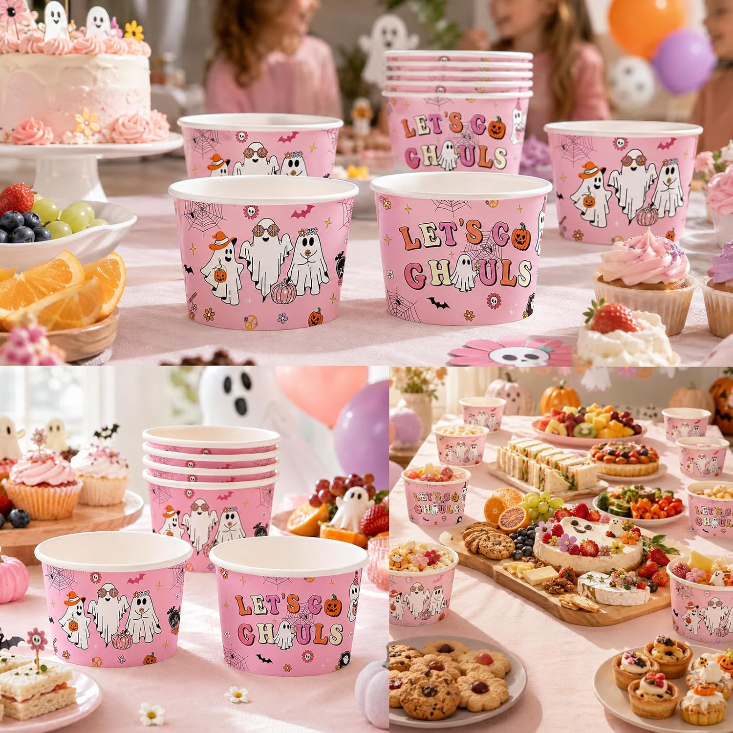60Pcs 9oz Pink Ghost Let's Go Ghouls Snack Cups - Grencian
