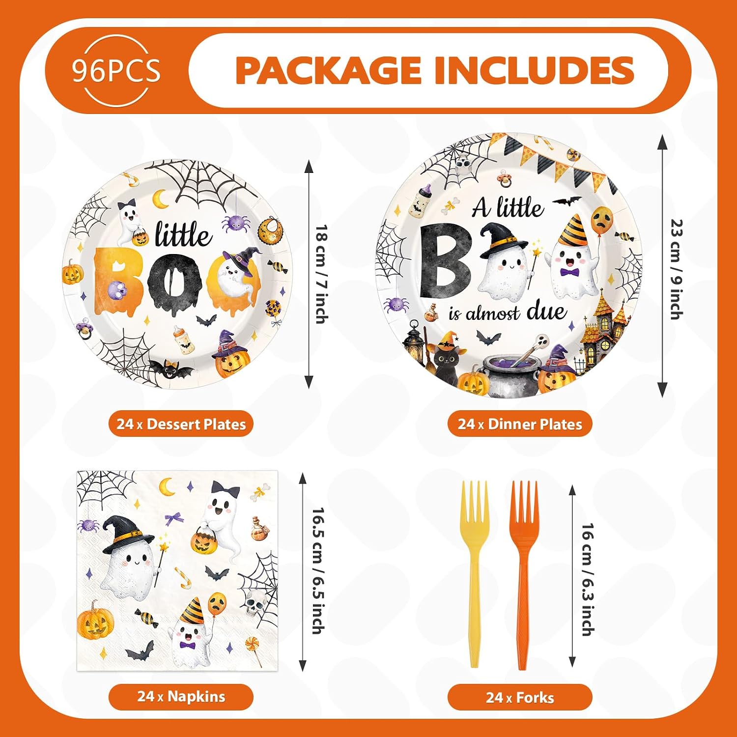 Orange cutlery included in the 96 piece set