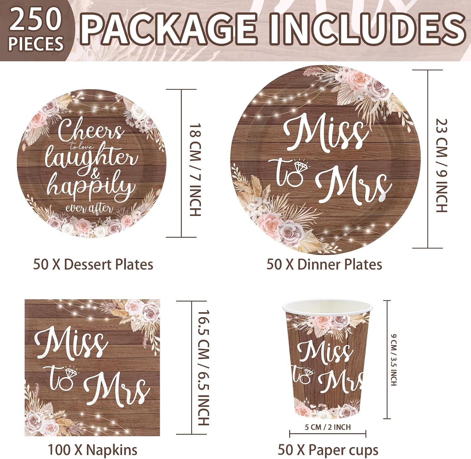250Pcs Love Laughter Bridal Shower Party Supplies Serves 50 - Grencian