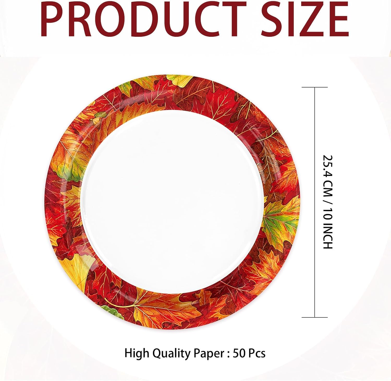 Red orange and yellow maple leaves ringing the plate rim