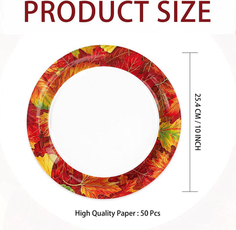 Red orange and yellow maple leaves ringing the plate rim