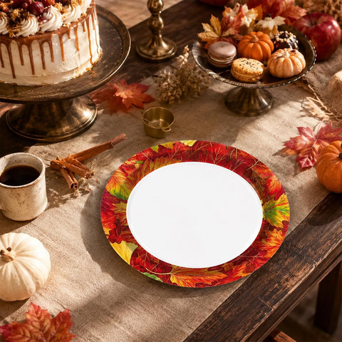 Stack of fall maple leaf party plates