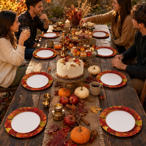 Thanksgiving table styled with the maple leaf plates