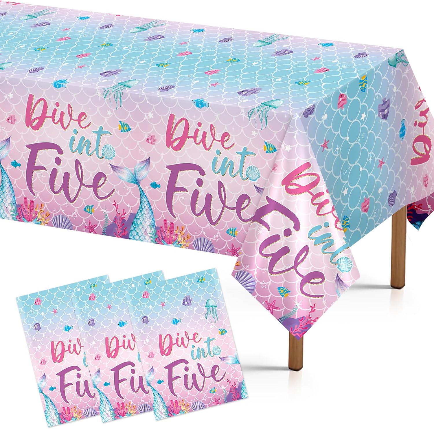 Grencian 3-piece mermaid 5th birthday tablecloth set with Dive Into Five ocean theme