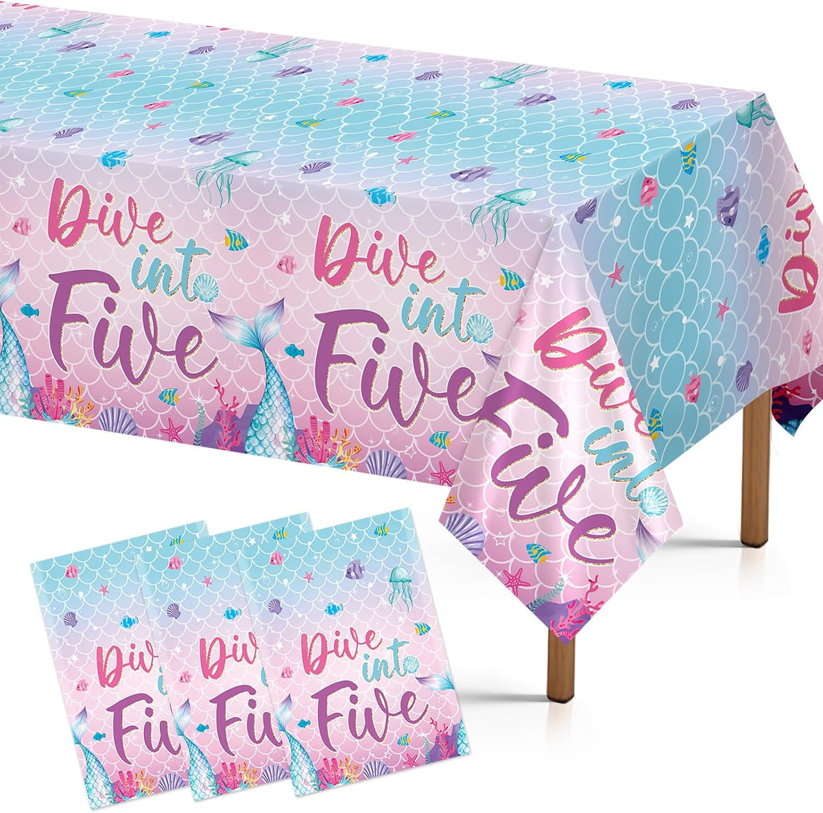 Grencian 3-piece mermaid 5th birthday tablecloth set with Dive Into Five ocean theme