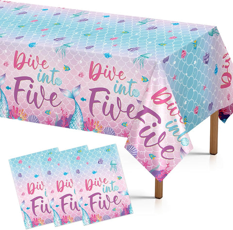 Grencian 3-piece mermaid 5th birthday tablecloth set with Dive Into Five ocean theme
