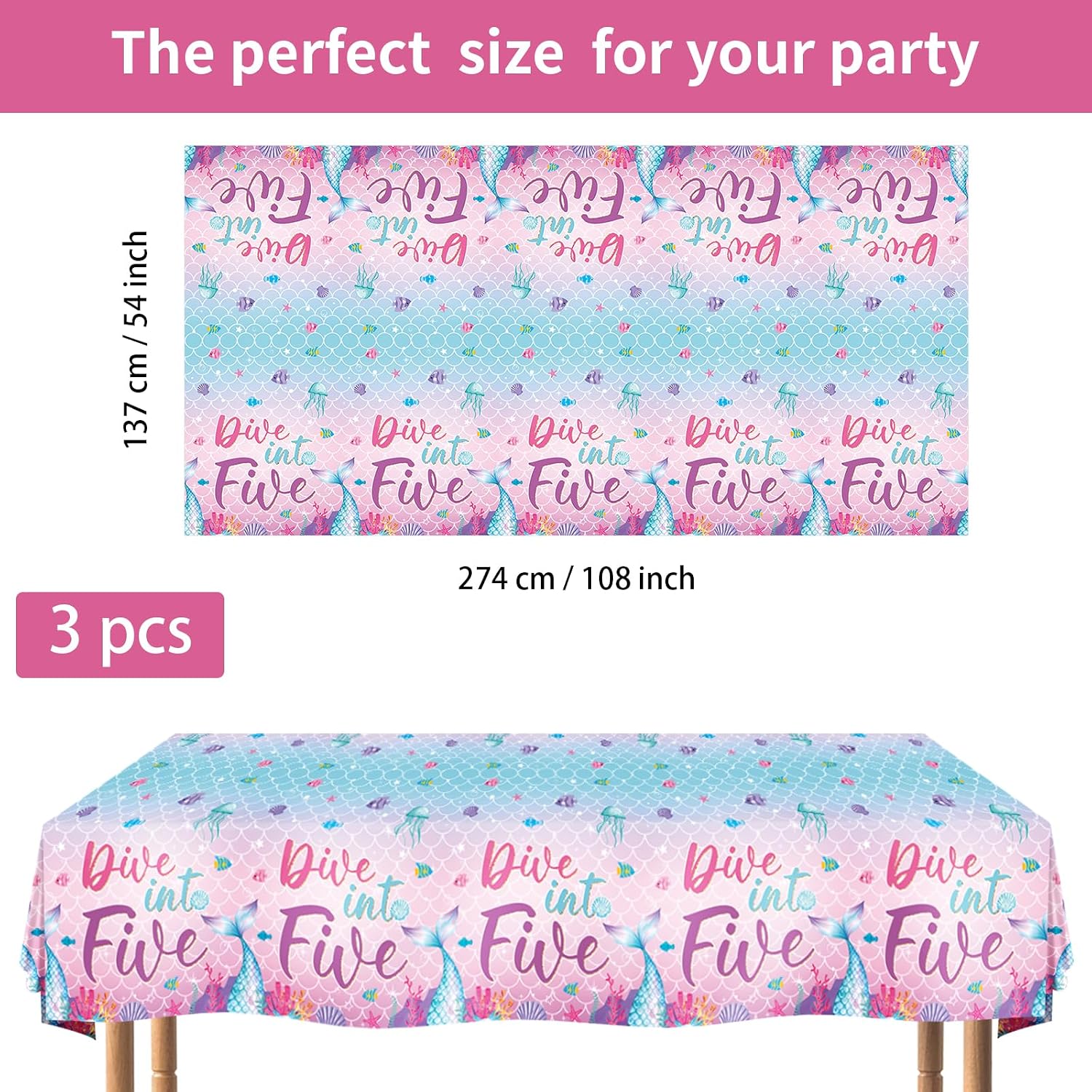 Flat lay of three mermaid birthday tablecloths with ocean waves and seashell design