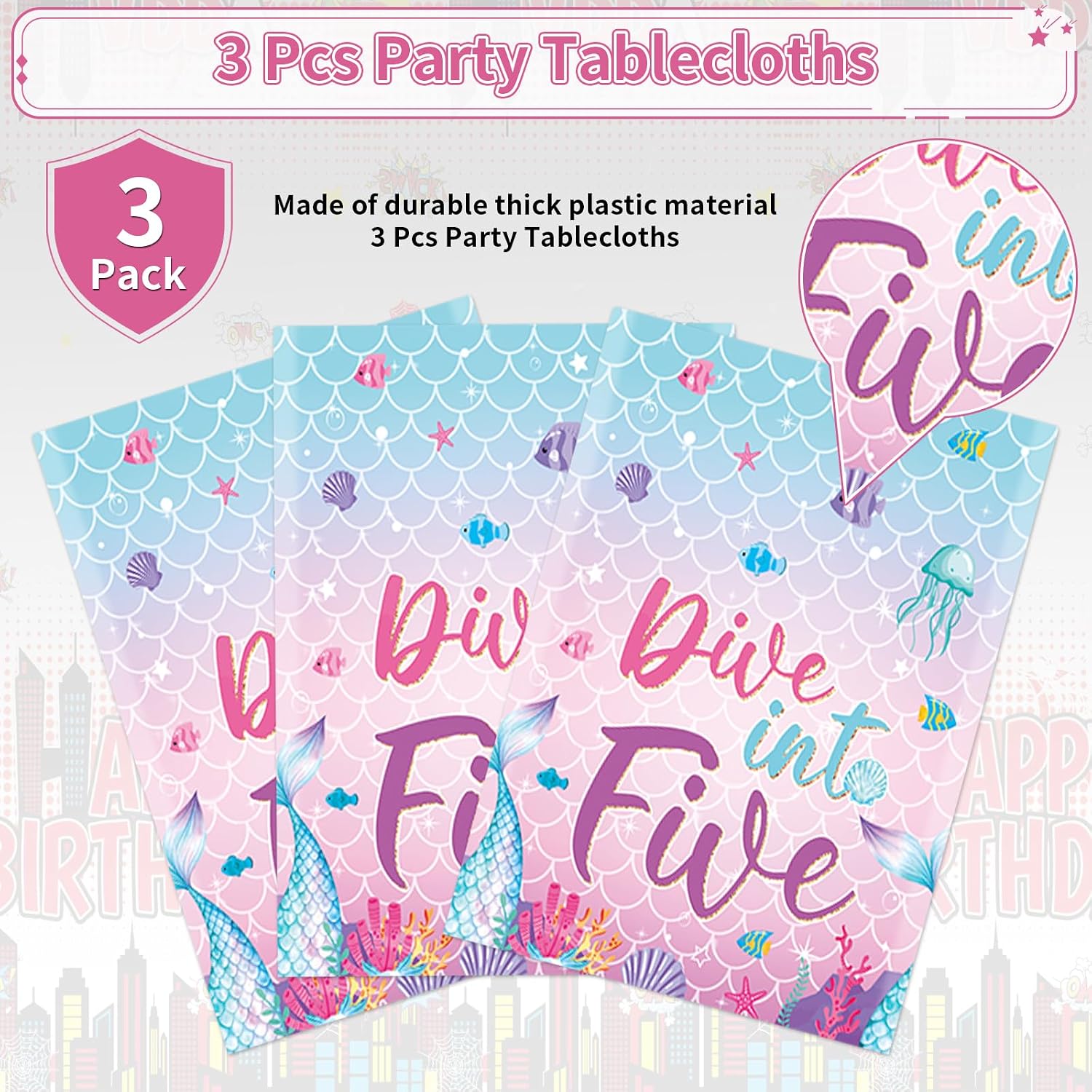 Mermaid birthday tablecloth draped on party table with ocean themed decorations