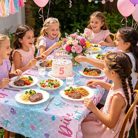 Package contents infographic showing 3 Grencian mermaid 5th birthday tablecloths