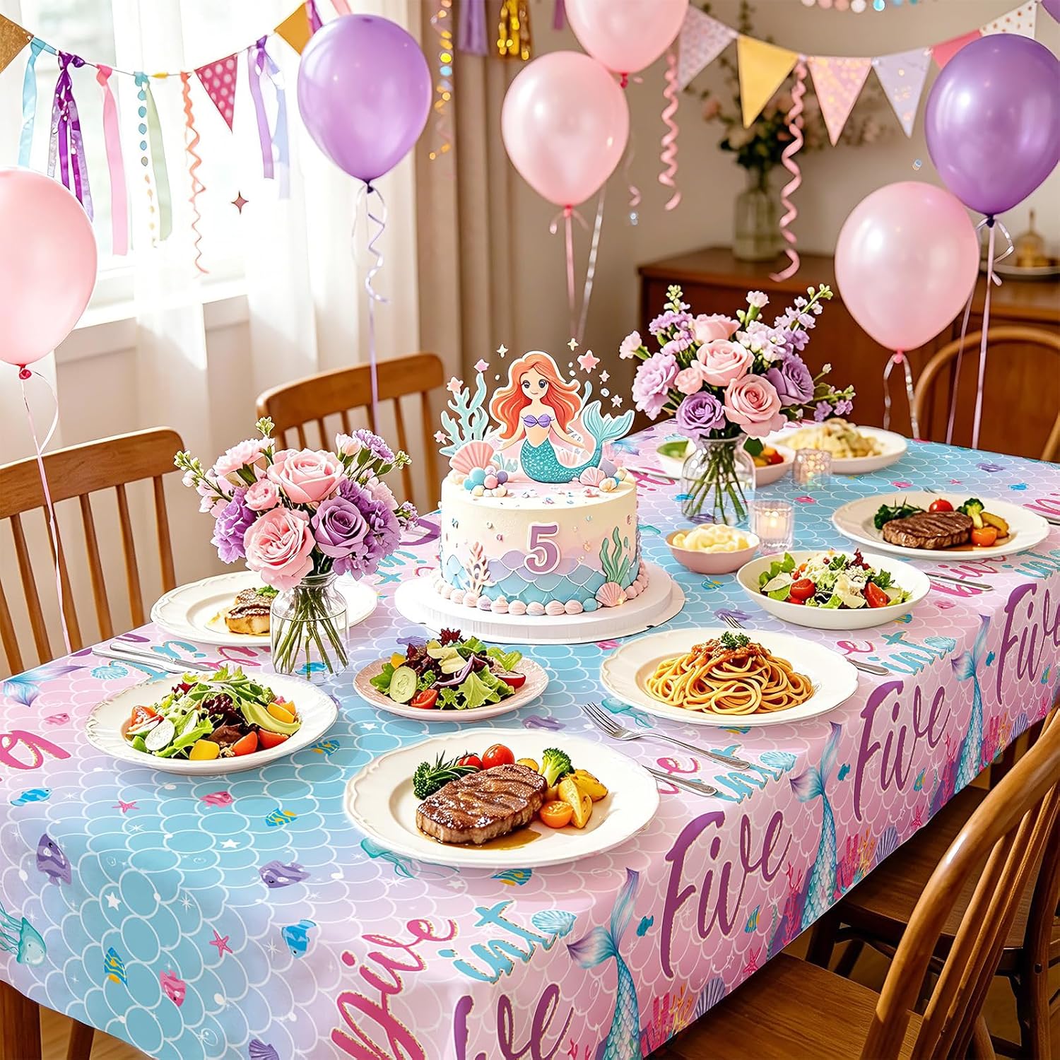 Girls 5 year old mermaid birthday party scene with Dive Into Five tablecloth