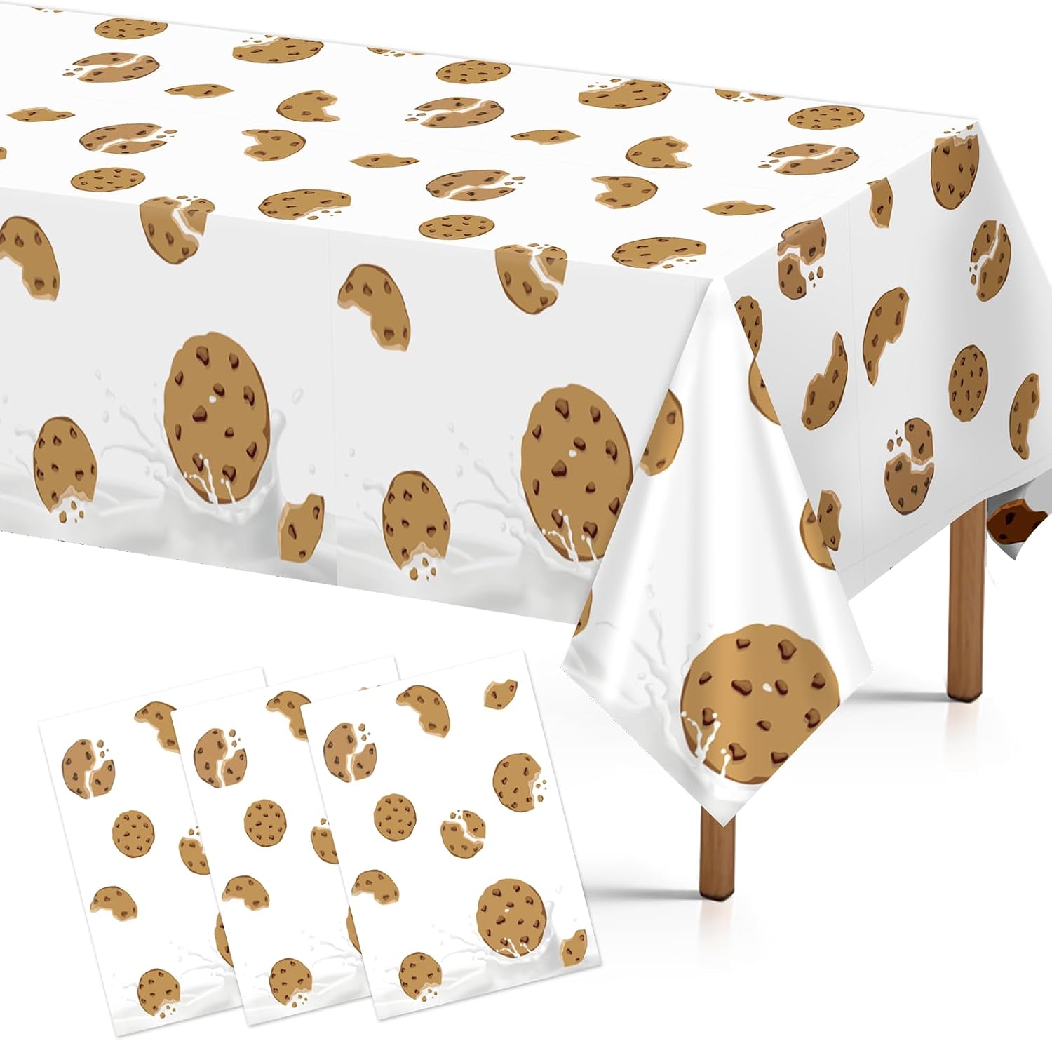 Grencian 3-piece chocolate chip milk and cookies tablecloth set in brown white
